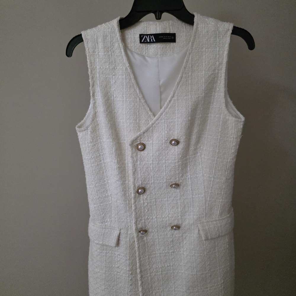 Zara White Sleeveless Tweed Dress